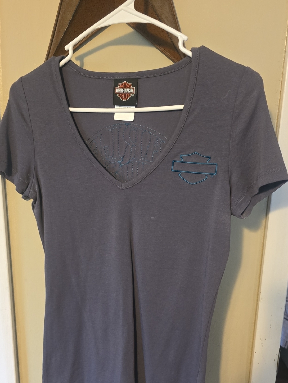 Harley-Davidson Women's Short Sleeve V-Neck Tee in Slate Gray with Teal New Sm